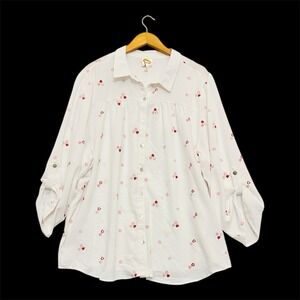 Fig and Flower Button Up Blouse Women Size 3X Embroidered Hearts Eclectic Artsy